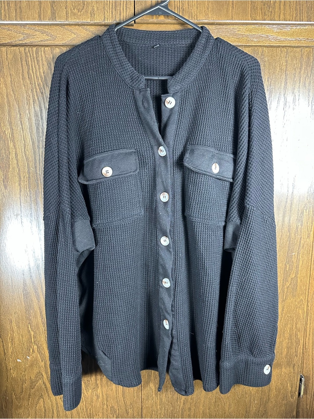 Black Waffle Knit Button-Up Shacket